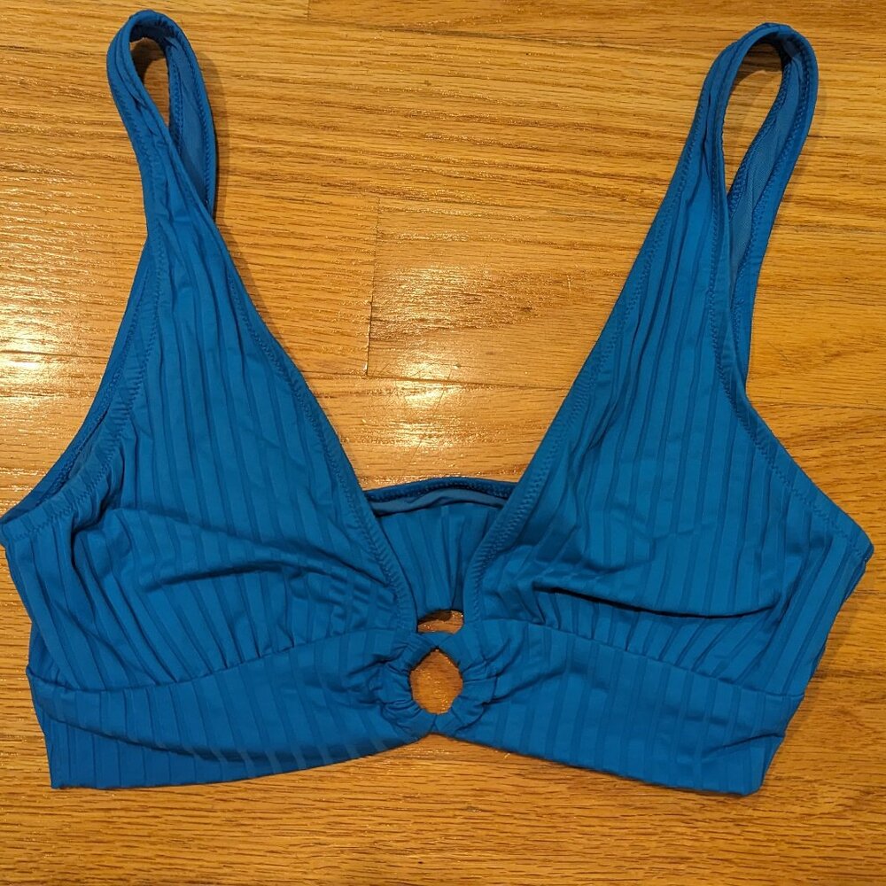 Aerie Wide Rib Longline Plunge Ring Bikini Top, Large, Blue